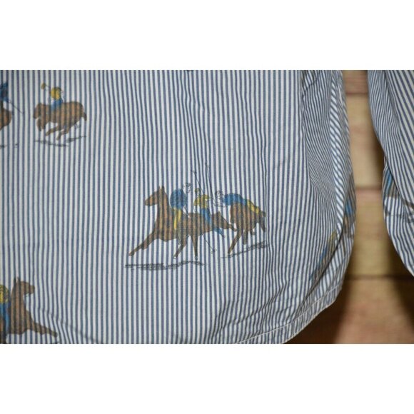 Vintage Rare Ladies 10 British Khaki Blue Pinstripe Button Down Shirt Polo Horse - Picture 7 of 9